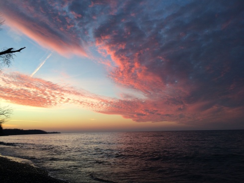 Pink skies and waters create stunning scenery over Lake Ontario in Huron, NY. 